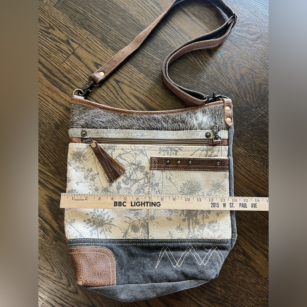 Myra crossbody shoulder bag purse milestone canvas leather hair on brown S-2638 - Picture 2 of 5
